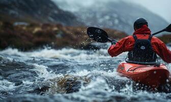 A kayaker's body and paddle in motion on a rapid river, with the surrounding landscape photo