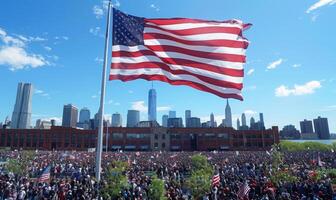A monumental Labor Day rally at a historic landmark, workers gathered in solidarity with the USA flag soaring above photo