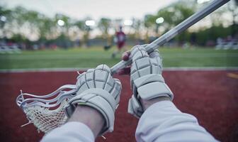 A lacrosse player's hands holding a stick, with the field and net in the background photo