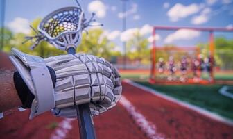 A lacrosse player's hands holding a stick, with the field and net in the background photo