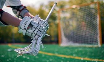 A lacrosse player's hands holding a stick, with the field and net in the background photo