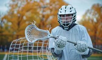 A lacrosse player's hands holding a stick, with the field and net in the background photo