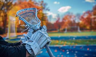 A lacrosse player's hands holding a stick, with the field and net in the background photo