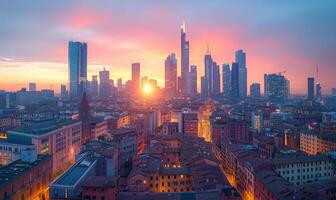 A panoramic cityscape featuring a mix of historical architecture and contemporary high-rises, illuminated by the setting sun photo