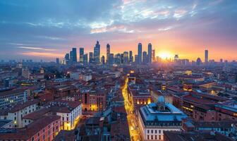 A panoramic cityscape featuring a mix of historical architecture and contemporary high-rises, illuminated by the setting sun photo