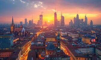 A panoramic cityscape featuring a mix of historical architecture and contemporary high-rises, illuminated by the setting sun photo