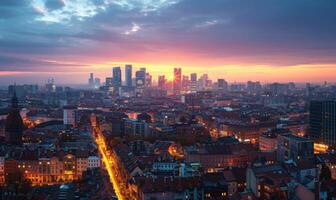 A panoramic cityscape featuring a mix of historical architecture and contemporary high-rises, illuminated by the setting sun photo