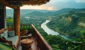 A panoramic view of a winding river through a lush valley, seen from a balcony of a highland retreat photo