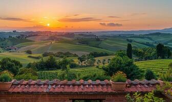 A panoramic view of rolling green hills and farmland at sunset, seen from a balcony of a rural farmhouse photo