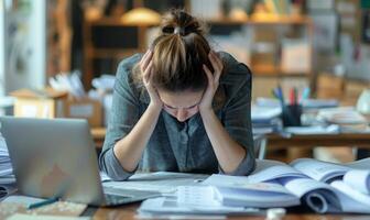 A person sitting at a cluttered desk, head in hands, surrounded by paperwork and a laptop photo