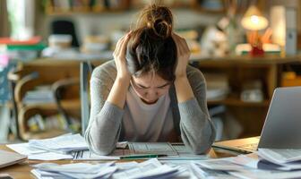A person sitting at a cluttered desk, head in hands, surrounded by paperwork and a laptop photo