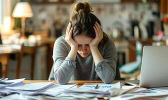 A person sitting at a cluttered desk, head in hands, surrounded by paperwork and a laptop photo