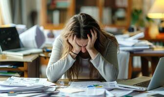 A person sitting at a cluttered desk, head in hands, surrounded by paperwork and a laptop photo