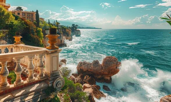 A picturesque seaside cliff with waves crashing against the rocks, viewed from a balcony with Mediterranean style photo