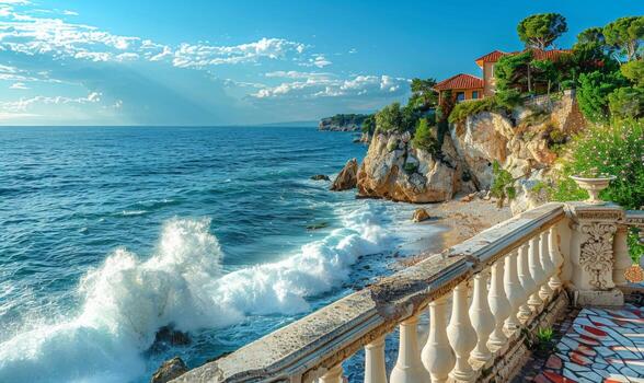 A picturesque seaside cliff with waves crashing against the rocks, viewed from a balcony with Mediterranean style photo