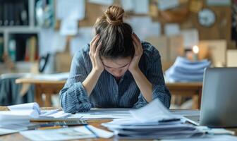 A person sitting at a cluttered desk, head in hands, surrounded by paperwork and a laptop photo