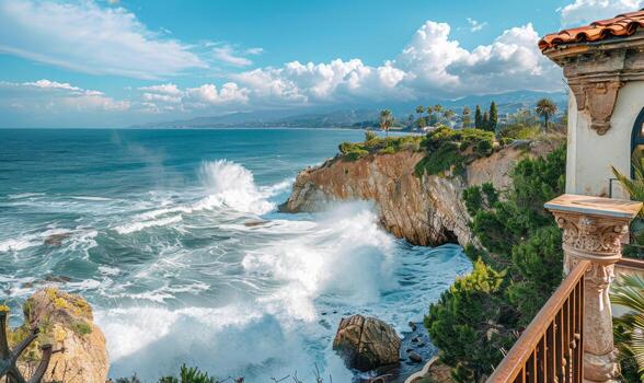 A picturesque seaside cliff with waves crashing against the rocks, viewed from a balcony with Mediterranean style photo