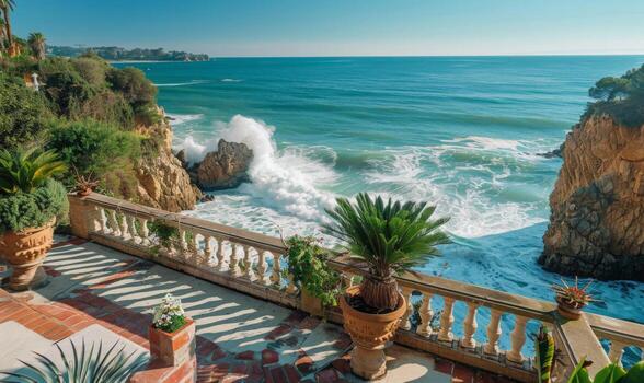 A picturesque seaside cliff with waves crashing against the rocks, viewed from a balcony with Mediterranean style photo