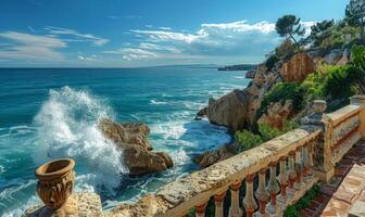 A picturesque seaside cliff with waves crashing against the rocks, viewed from a balcony with Mediterranean style photo