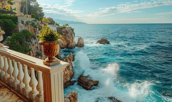 A picturesque seaside cliff with waves crashing against the rocks, viewed from a balcony with Mediterranean style photo