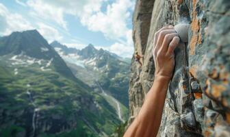 A rock climber's hands gripping a cliff edge, with mountains in the background photo