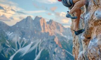 A rock climber's hands gripping a cliff edge, with mountains in the background photo
