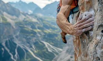 A rock climber's hands gripping a cliff edge, with mountains in the background photo