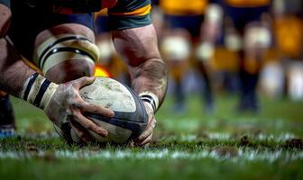 A rugby player's hands gripping the ball, with the field and players in the background photo