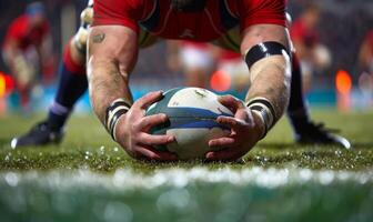 A rugby player's hands gripping the ball, with the field and players in the background photo