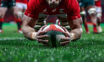 A rugby player's hands gripping the ball, with the field and players in the background photo
