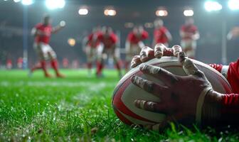 A rugby player's hands gripping the ball, with the field and players in the background photo