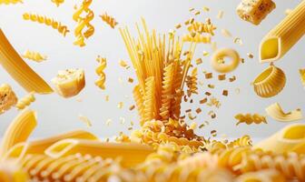 A selection of pasta shapes such as penne, fusilli, and spaghetti flying in mid-air with a white background photo