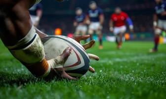 A rugby player's hands gripping the ball, with the field and players in the background photo