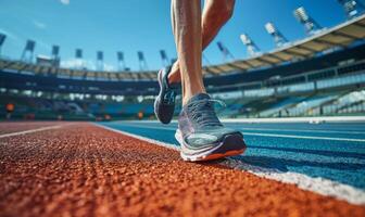 A runner's legs and shoes on a track, with the stadium in the background photo