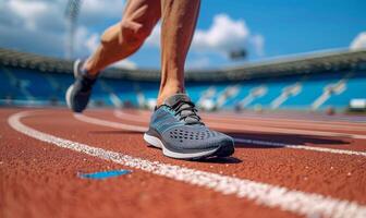 A runner's legs and shoes on a track, with the stadium in the background photo