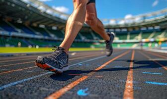 A runner's legs and shoes on a track, with the stadium in the background photo