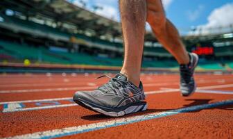 A runner's legs and shoes on a track, with the stadium in the background photo