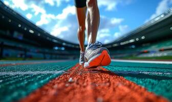 A runner's legs and shoes on a track, with the stadium in the background photo