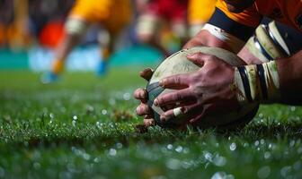 A rugby player's hands gripping the ball, with the field and players in the background photo