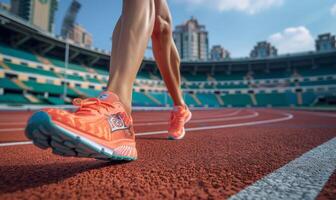 A runner's legs and shoes on a track, with the stadium in the background photo