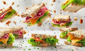 A selection of sandwiches with different fillings like ham, cheese, and lettuce flying in mid-air with a white background photo
