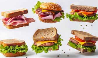 A selection of sandwiches with different fillings like ham, cheese, and lettuce flying in mid-air with a white background photo