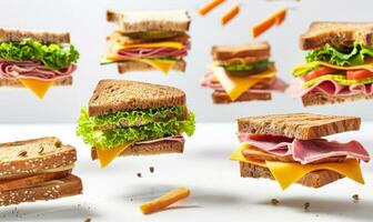 A selection of sandwiches with different fillings like ham, cheese, and lettuce flying in mid-air with a white background photo