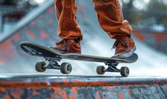 A skateboarder's legs and board performing a trick on a half-pipe photo