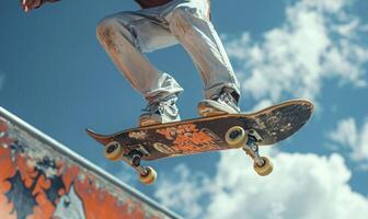 A skateboarder's legs and board performing a trick on a half-pipe photo
