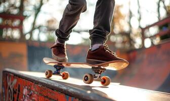 A skateboarder's legs and board performing a trick on a half-pipe photo