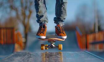 A skateboarder's legs and board performing a trick on a half-pipe photo
