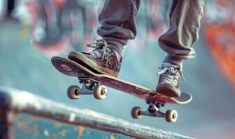A skateboarder's legs and board performing a trick on a half-pipe photo