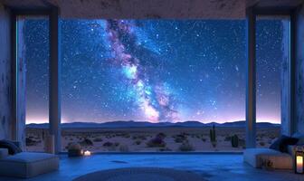 A starry night sky over a desert landscape, viewed from a balcony with minimalistic decor photo