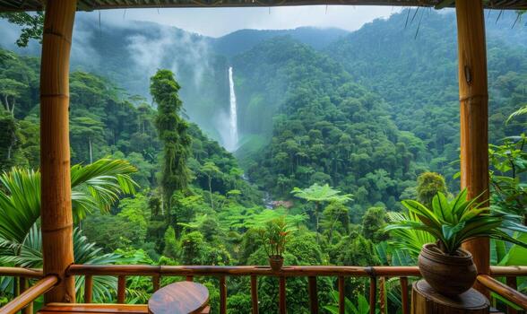 A stunning view of a lush rainforest canopy with a distant waterfall, viewed from a balcony of an eco-lodge photo